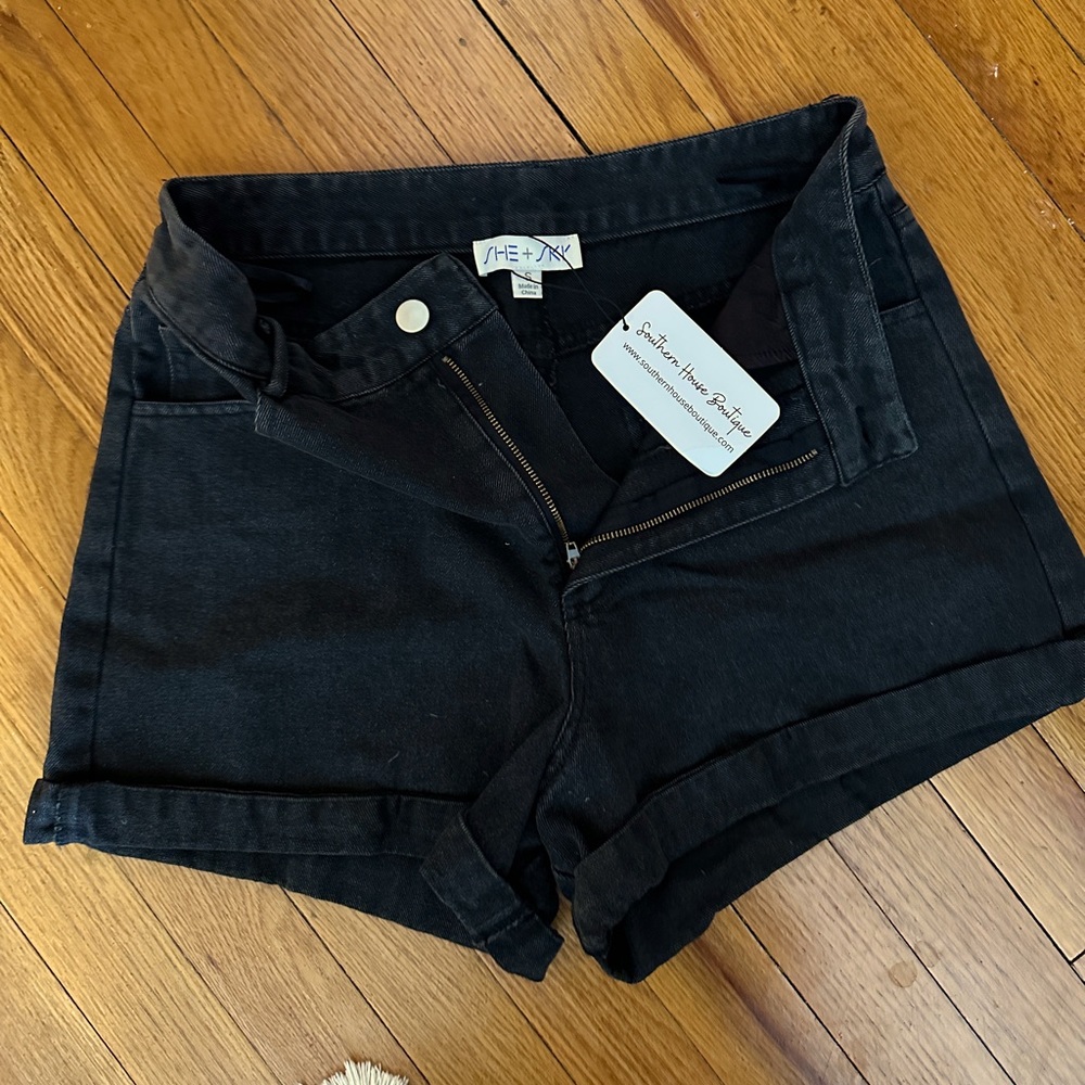 She + sky black high waisted cuffed jean shorts